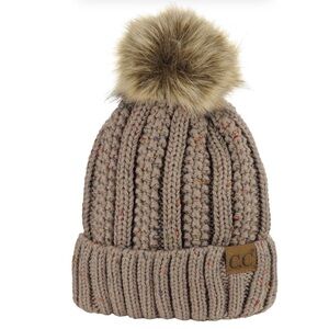 C.C. Thick Cable Knit Faux Fuzzy Pom Fleece Lined Beanie